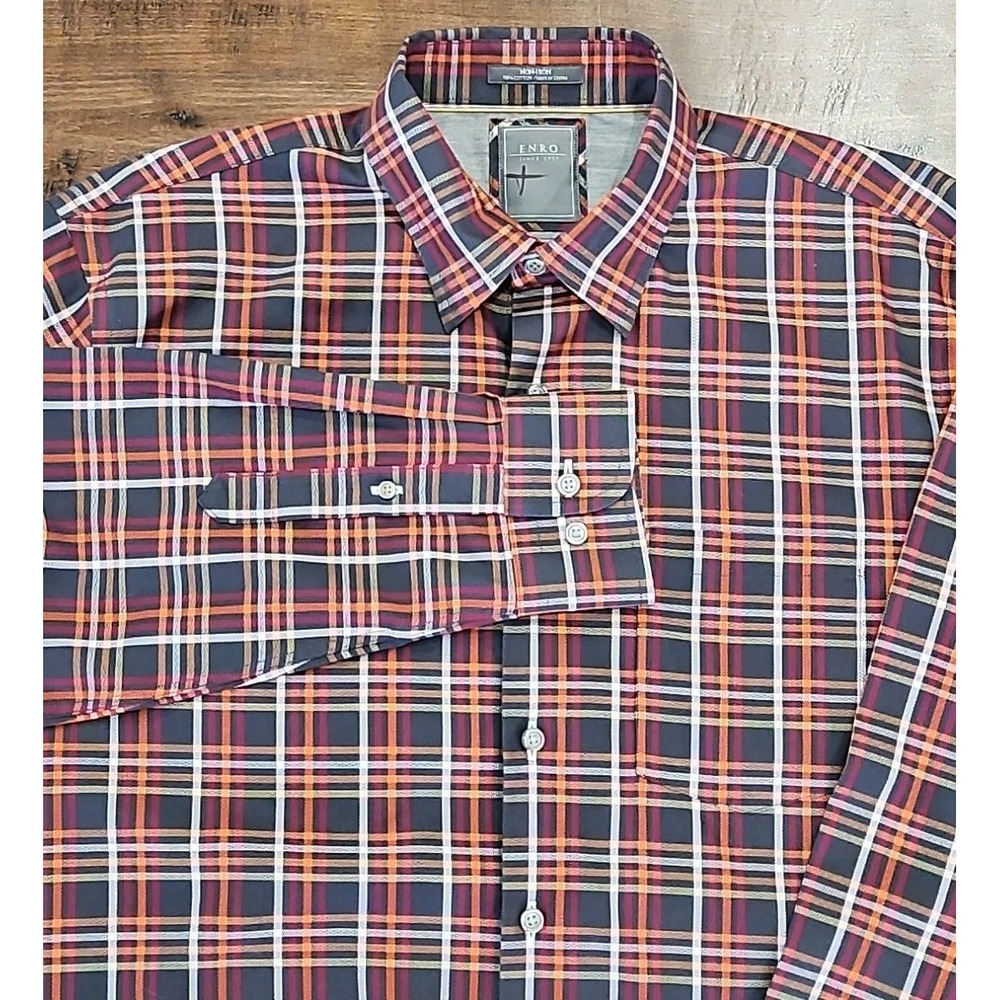 Enro Shirt Men LT Large Tall Gray/Red/Orange Plaid LS Button Down Prep Non Iron